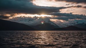 Preview wallpaper sea, landscape, mountains, clouds, sun