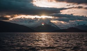 Preview wallpaper sea, landscape, mountains, clouds, sun