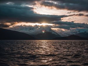 Preview wallpaper sea, landscape, mountains, clouds, sun