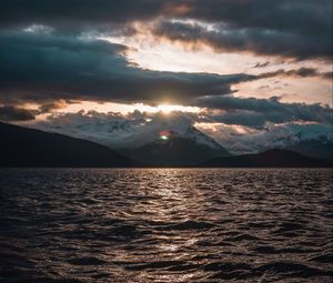 Preview wallpaper sea, landscape, mountains, clouds, sun