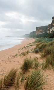 Preview wallpaper sea, landscape, shore, sand, grass, rocks