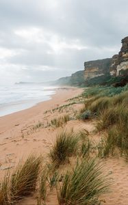 Preview wallpaper sea, landscape, shore, sand, grass, rocks