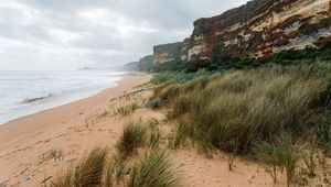 Preview wallpaper sea, landscape, shore, sand, grass, rocks