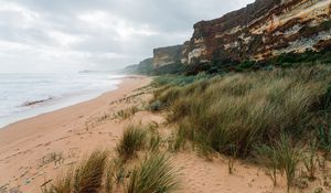 Preview wallpaper sea, landscape, shore, sand, grass, rocks