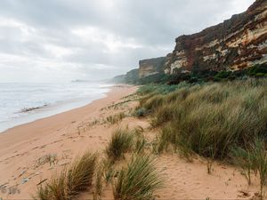 Preview wallpaper sea, landscape, shore, sand, grass, rocks
