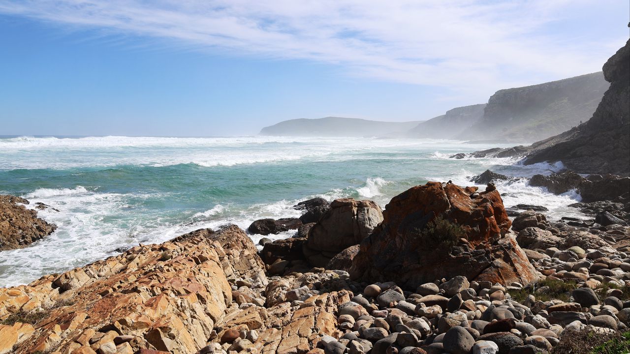 Wallpaper sea, landscape, stones, pebbles, mountains
