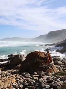 Preview wallpaper sea, landscape, stones, pebbles, mountains