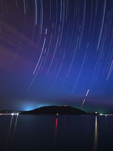 Preview wallpaper sea, lights, hill, long exposure, night, dark