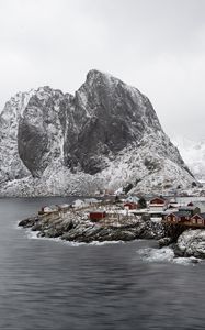 Preview wallpaper sea, mountain, snow, houses, nature