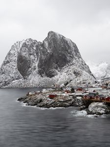 Preview wallpaper sea, mountain, snow, houses, nature