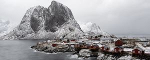 Preview wallpaper sea, mountain, snow, houses, nature