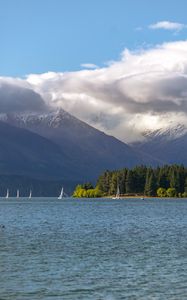 Preview wallpaper sea, mountains, boats, clouds, landscape, nature