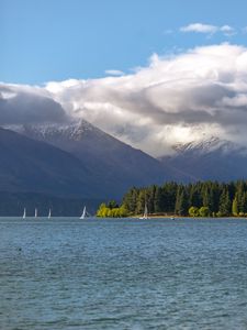 Preview wallpaper sea, mountains, boats, clouds, landscape, nature