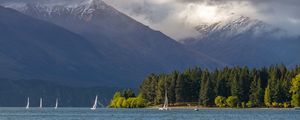 Preview wallpaper sea, mountains, boats, clouds, landscape, nature