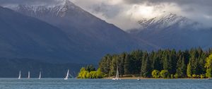 Preview wallpaper sea, mountains, boats, clouds, landscape, nature