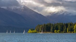 Preview wallpaper sea, mountains, boats, clouds, landscape, nature