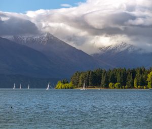 Preview wallpaper sea, mountains, boats, clouds, landscape, nature