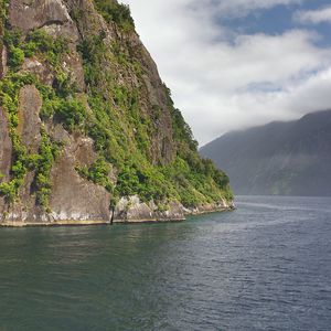 Preview wallpaper sea, mountains, bushes, fog