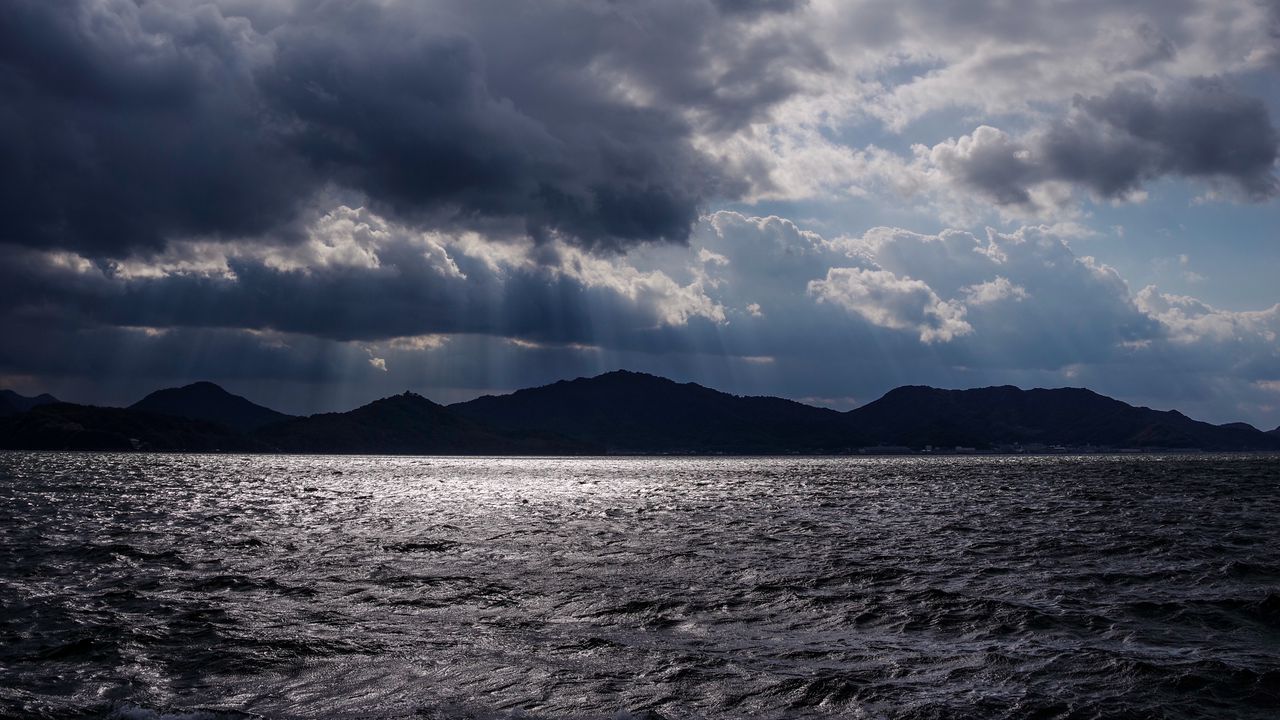 Wallpaper sea, mountains, clouds, light, nature