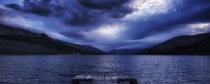 Preview wallpaper sea, mountains, evening, clouds, overcast, pier, scotland