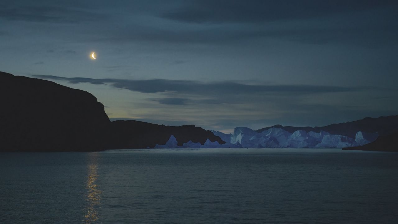 Wallpaper sea, mountains, iceberg, moon, night, dark