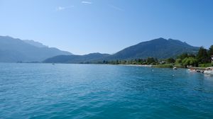 Preview wallpaper sea, mountains, landscape, nature, trees