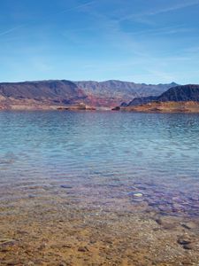 Preview wallpaper sea, mountains, landscape, bottom, stones