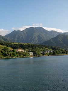 Preview wallpaper sea, mountains, landscape, houses, nature