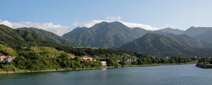 Preview wallpaper sea, mountains, landscape, houses, nature