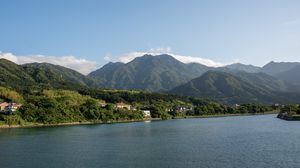 Preview wallpaper sea, mountains, landscape, houses, nature