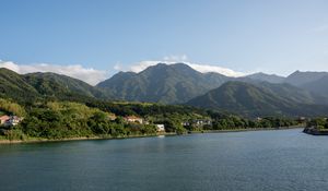 Preview wallpaper sea, mountains, landscape, houses, nature