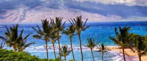 Preview wallpaper sea, mountains, palm trees, beach