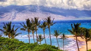 Preview wallpaper sea, mountains, palm trees, beach