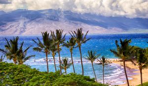 Preview wallpaper sea, mountains, palm trees, beach