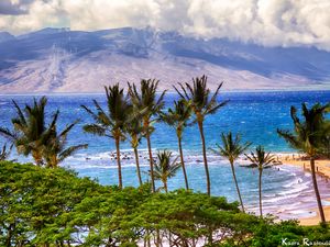 Preview wallpaper sea, mountains, palm trees, beach