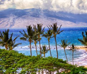 Preview wallpaper sea, mountains, palm trees, beach