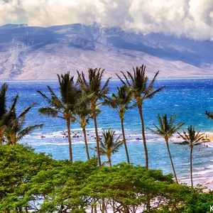 Preview wallpaper sea, mountains, palm trees, beach