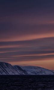 Preview wallpaper sea, mountains, snow, evening, landscape