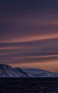 Preview wallpaper sea, mountains, snow, evening, landscape