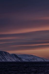 Preview wallpaper sea, mountains, snow, evening, landscape