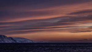 Preview wallpaper sea, mountains, snow, evening, landscape