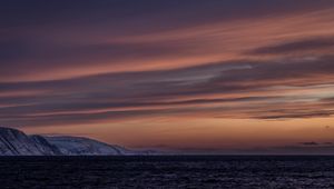 Preview wallpaper sea, mountains, snow, evening, landscape