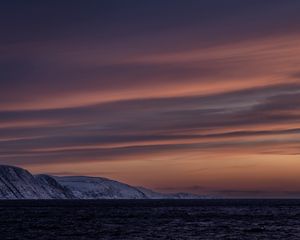 Preview wallpaper sea, mountains, snow, evening, landscape