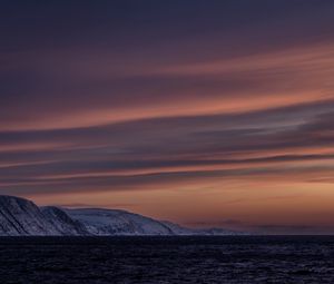 Preview wallpaper sea, mountains, snow, evening, landscape