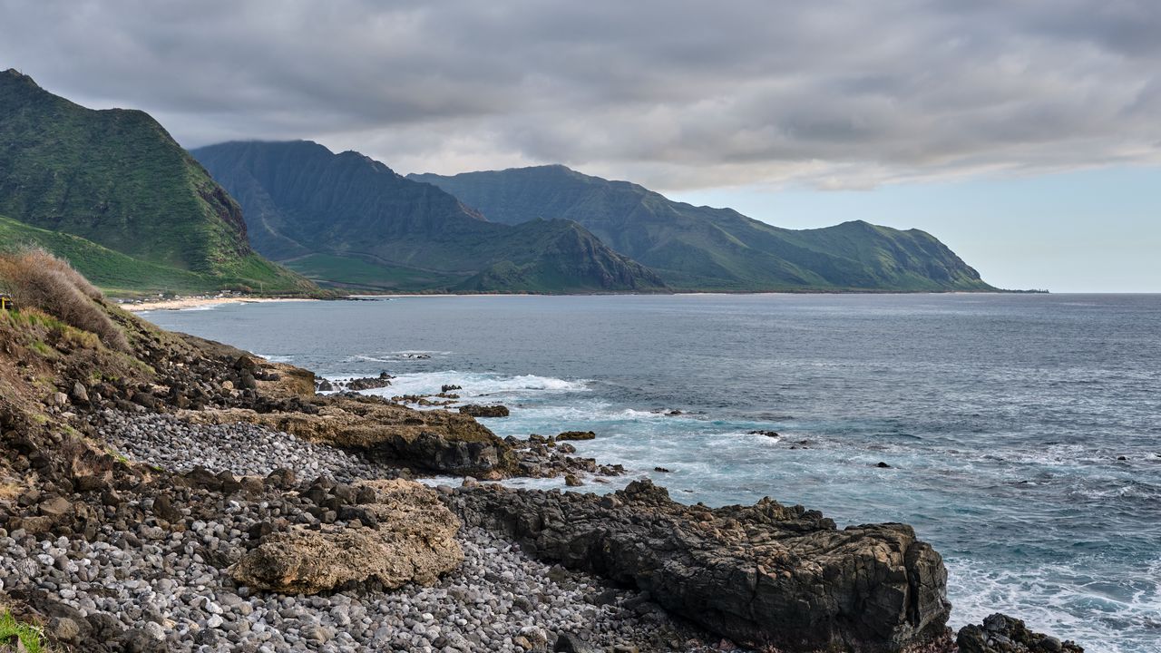 Wallpaper sea, mountains, stones, rocks, nature, clouds