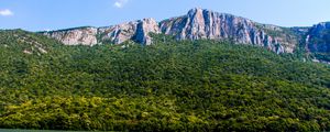 Preview wallpaper sea, mountains, trees, hill, landscape