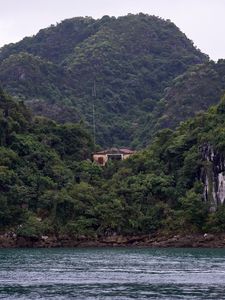 Preview wallpaper sea, mountains, trees, forest, bay, house