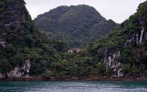 Preview wallpaper sea, mountains, trees, forest, bay, house