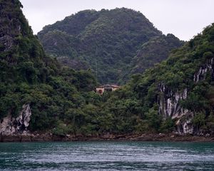 Preview wallpaper sea, mountains, trees, forest, bay, house