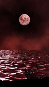 Preview wallpaper sea, night, moon, waves, dim, red
